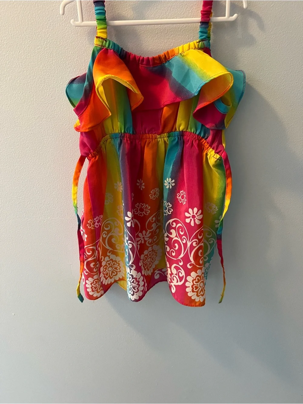 Girls Rainbow Ruffle Sundress with Floral Border 3T
